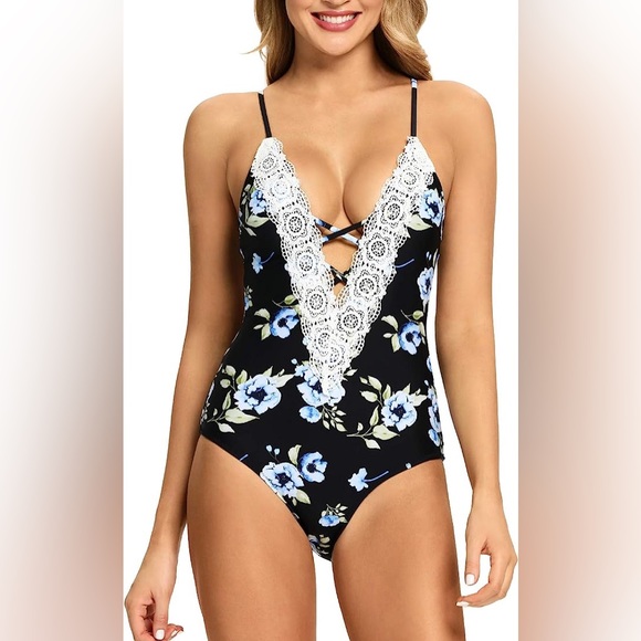 🔥Modihito Women's Tummy Control One Piece Swimsuit Vintage Lace V Neck Swimwear - Picture 10 of 10